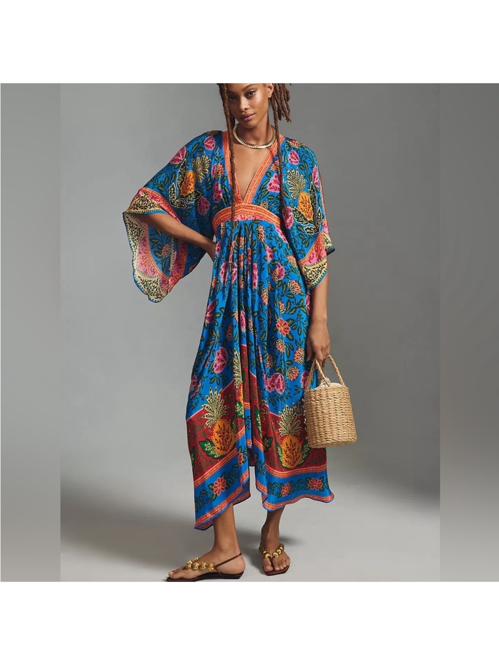 NWT farm Rio Vibrant Blue Floral Maxi Dress with Orange Trim - Picture 4 of 4